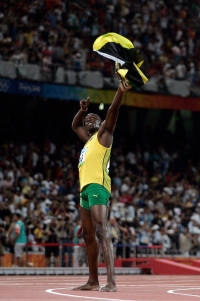BEIJING- AUGUST 16: Blot of Jamaica wins the 100 meter final during day 8 of the Beijing 2008 Olympic Games at the National Stadium on August 16, 2008 in Beijing, China.(Photo by Donald Miralle)